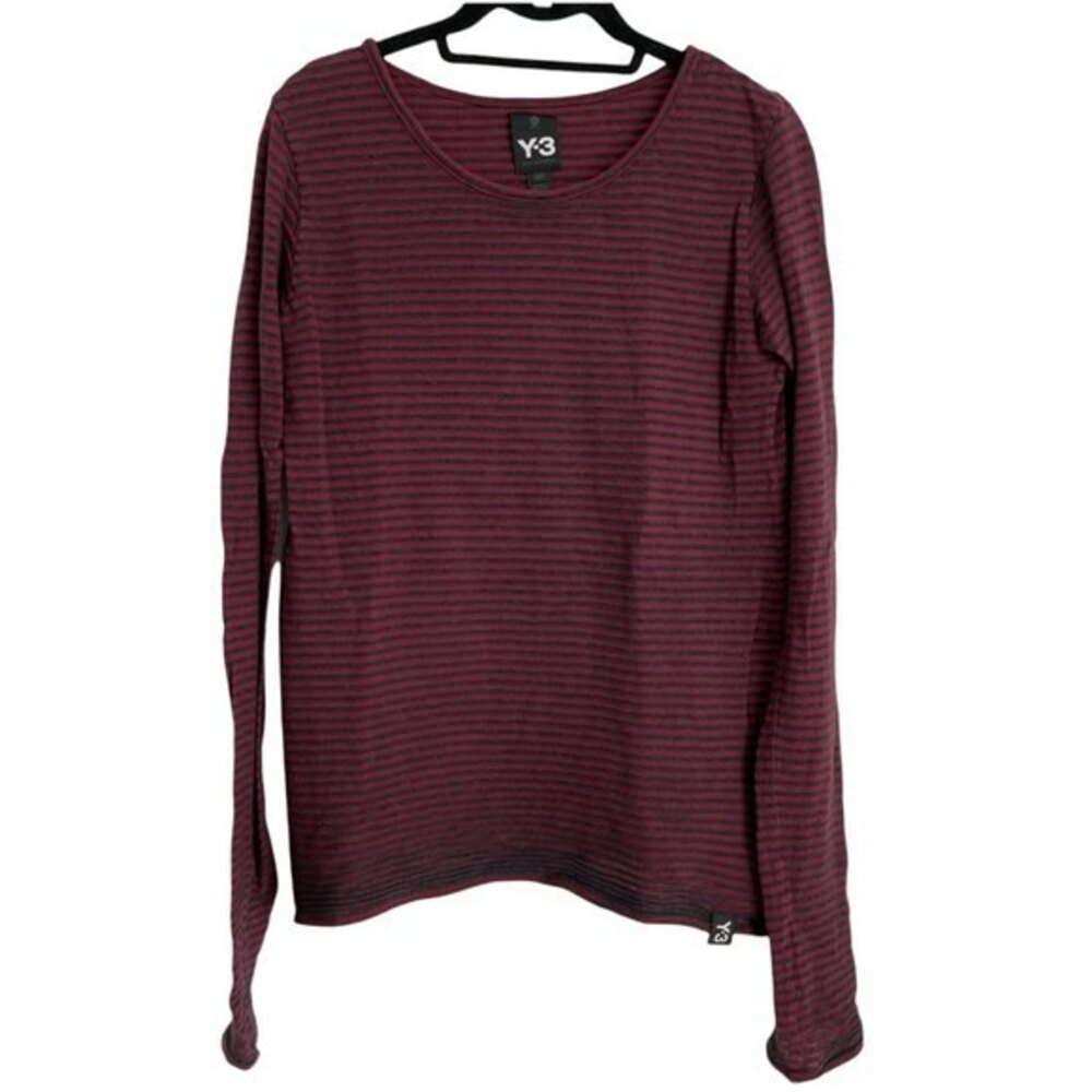 Y-3 Striped Long Sleeve Scoop Neck T-Shirt Red and Gray Size Small